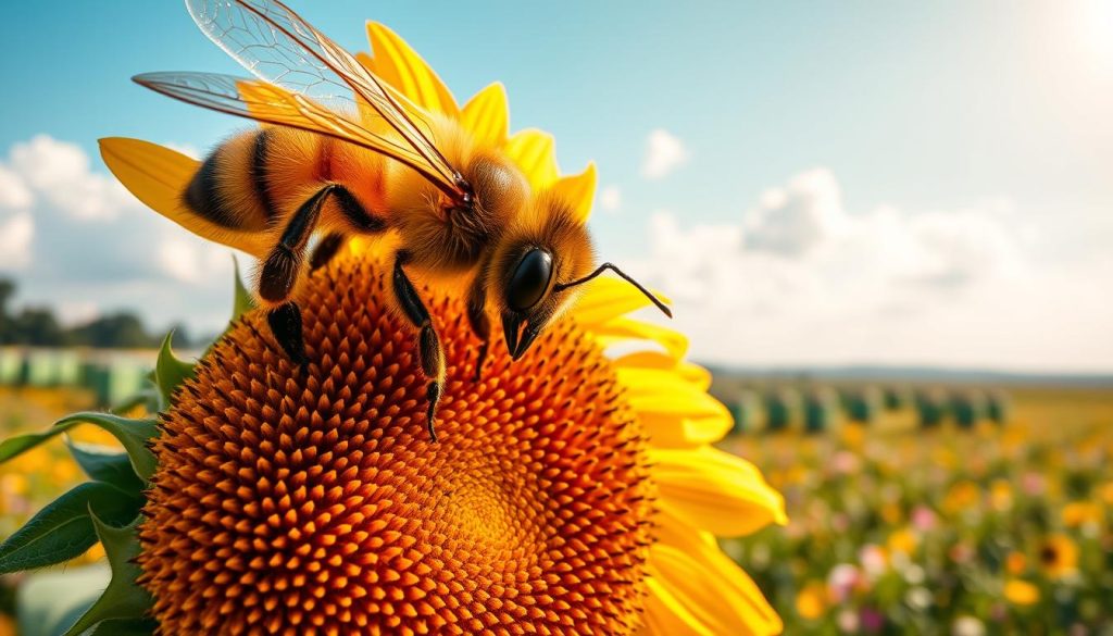 A close-up view of a healthy honey bee, its fuzzy abdomen and wings in sharp focus, resting on a vibrant yellow sunflower. The bee's compound eyes glisten in the warm afternoon sunlight, capturing its diligent pollination work. In the middle ground, rows of verdant beehives stand in a lush, flowering meadow, surrounded by a hazy blue sky and fluffy white clouds. The scene conveys the serene beauty and vital importance of bee health to honey production and thriving ecosystems, ideal for illustrating the "Hands-on how-to: bee health, honey production, and seasonal apiary management" section.